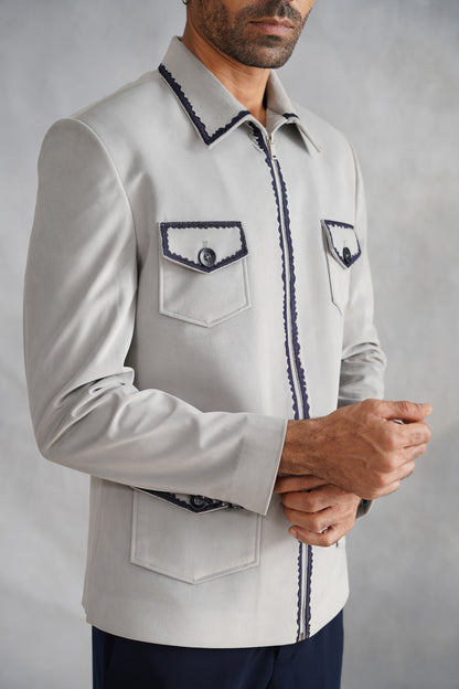 Grey Thread Embroidered Suede Jacket