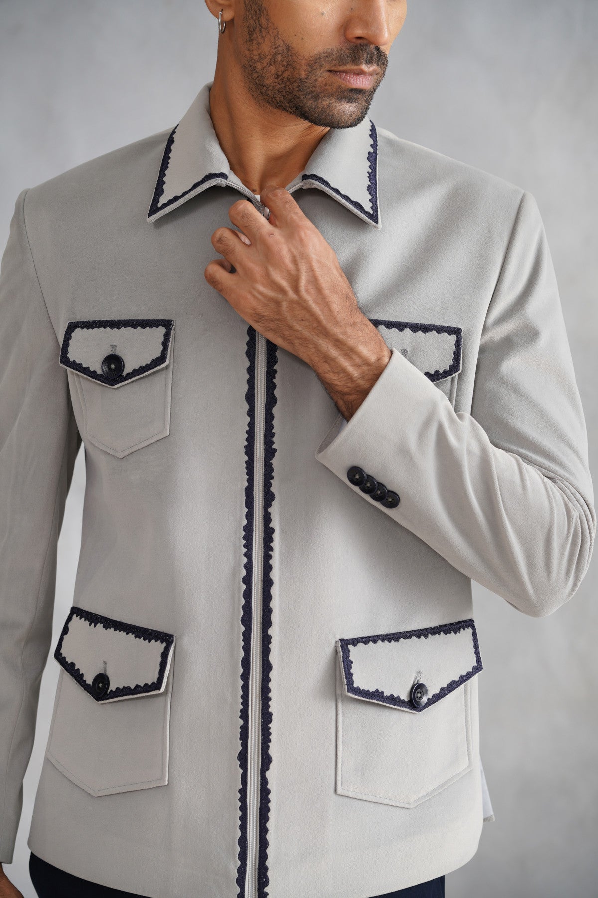 Grey Thread Embroidered Suede Jacket