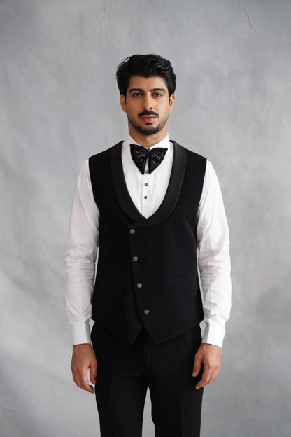 Black Tuxedo Suit with Mettalic Silver Leaf Vine Embroidery