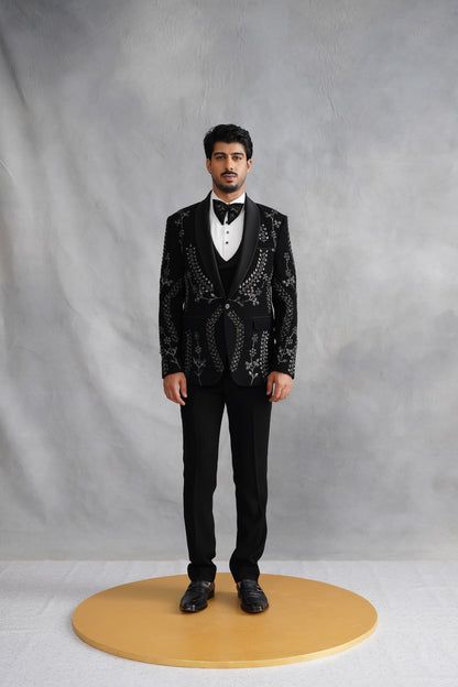Black Tuxedo Suit with Mettalic Silver Leaf Vine Embroidery