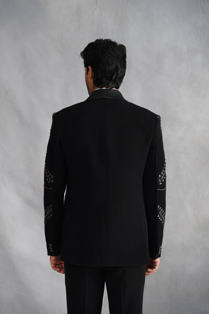 Black Tuxedo Suit with Mettalic Silver Leaf Vine Embroidery