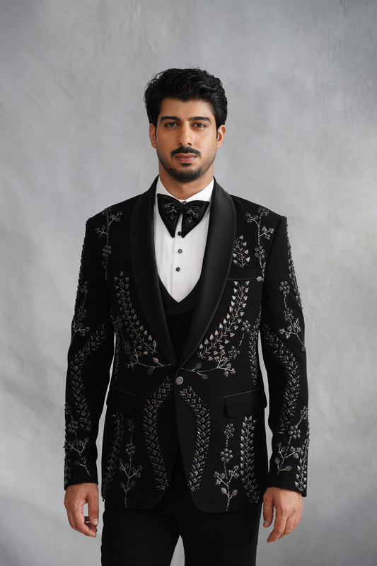 Black Tuxedo Suit with Mettalic Silver Leaf Vine Embroidery