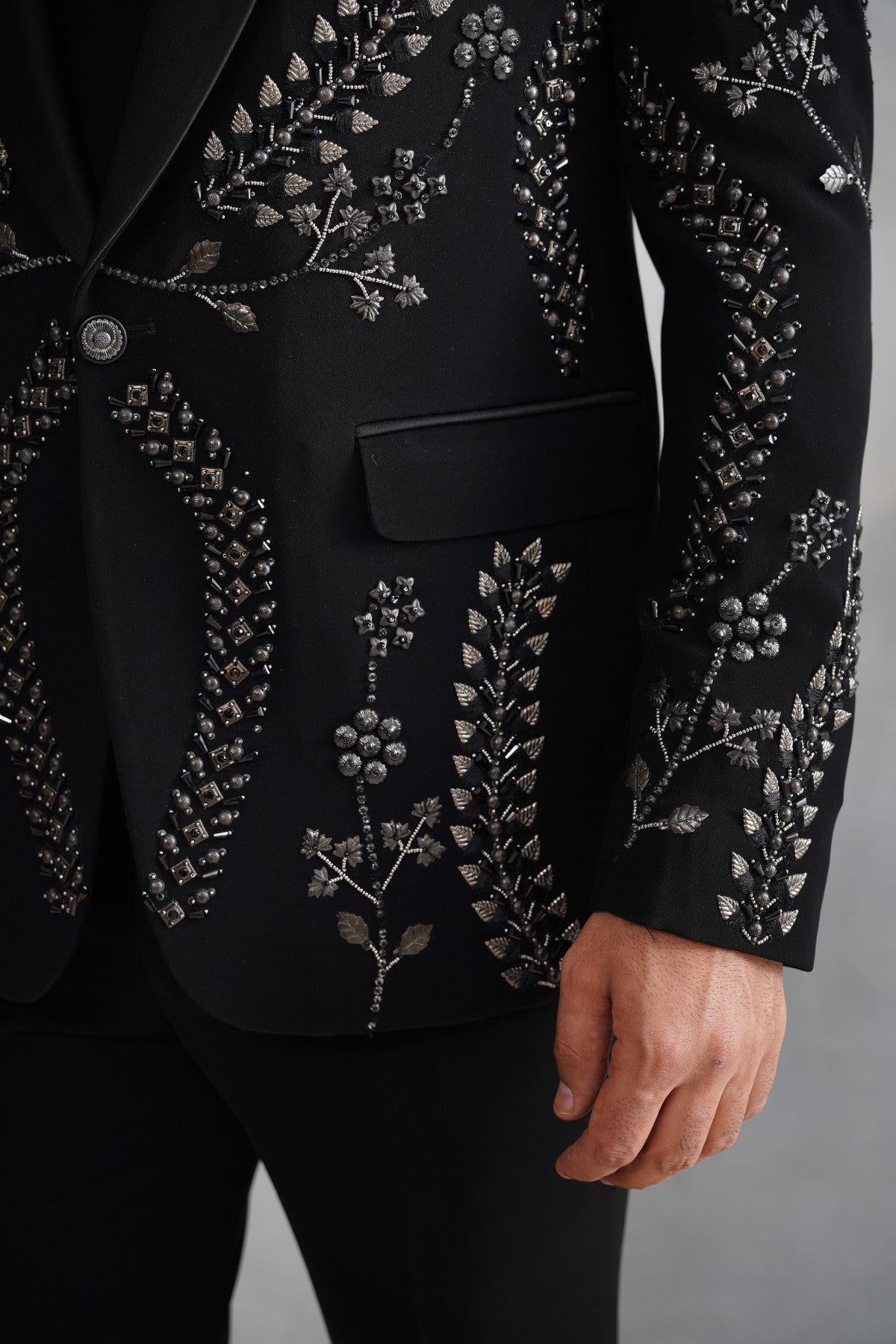 Black Tuxedo Suit with Mettalic Silver Leaf Vine Embroidery