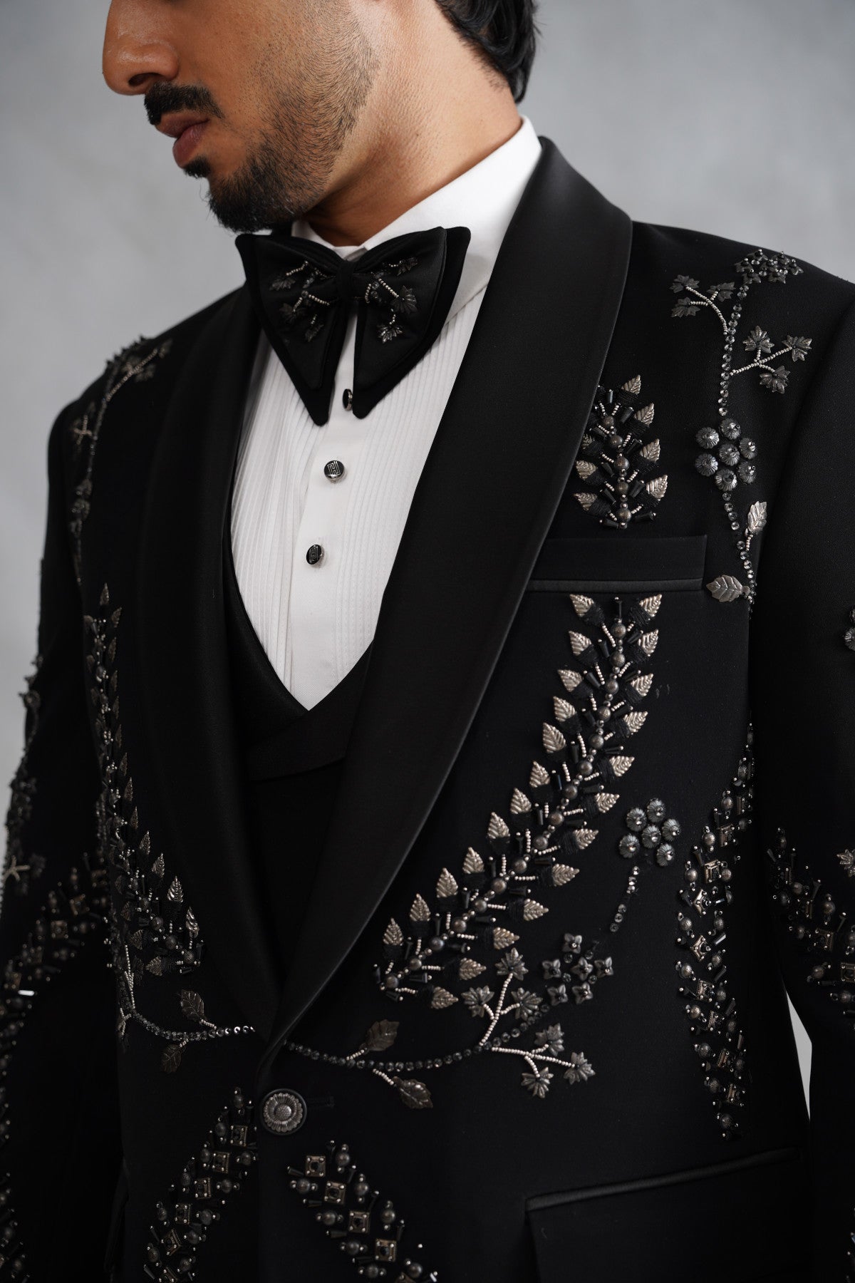 Black Tuxedo Suit with Mettalic Silver Leaf Vine Embroidery