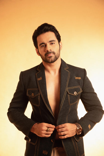 Abhishek Bajaj In Our Teal Green Thread Embroidered Blazer