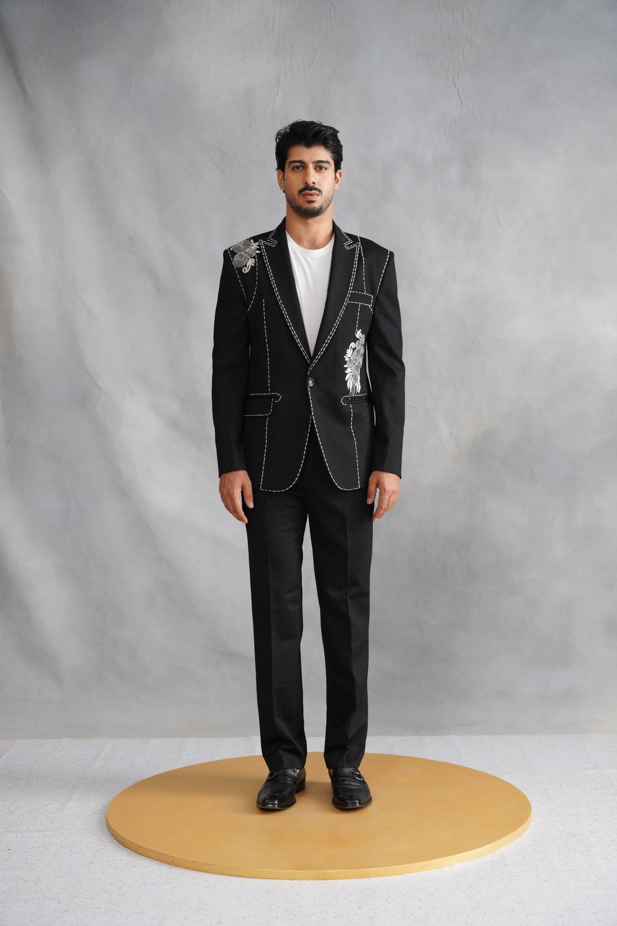 Black Designer Suit with White Contrast Stitching & Floral Rosette Embroidery