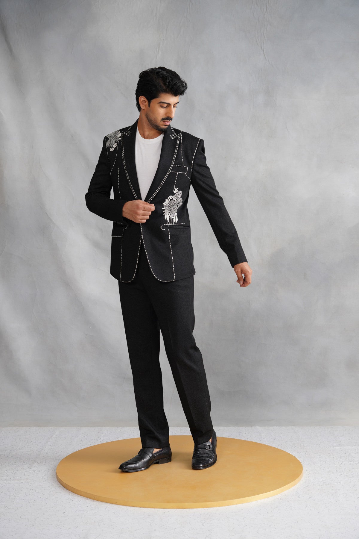 Black Designer Suit with White Contrast Stitching & Floral Rosette Embroidery