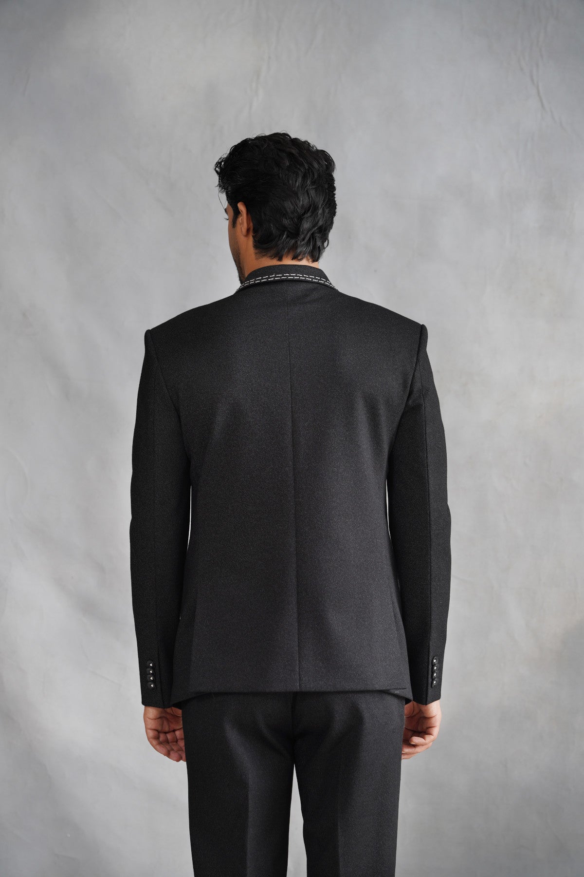 Black Designer Suit with White Contrast Stitching & Floral Rosette Embroidery