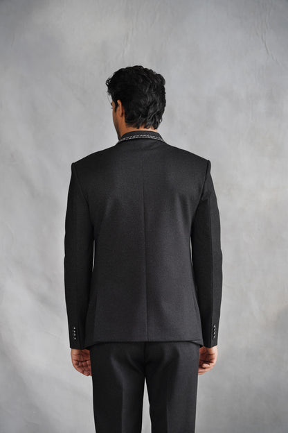 Black Designer Suit with White Contrast Stitching & Floral Rosette Embroidery