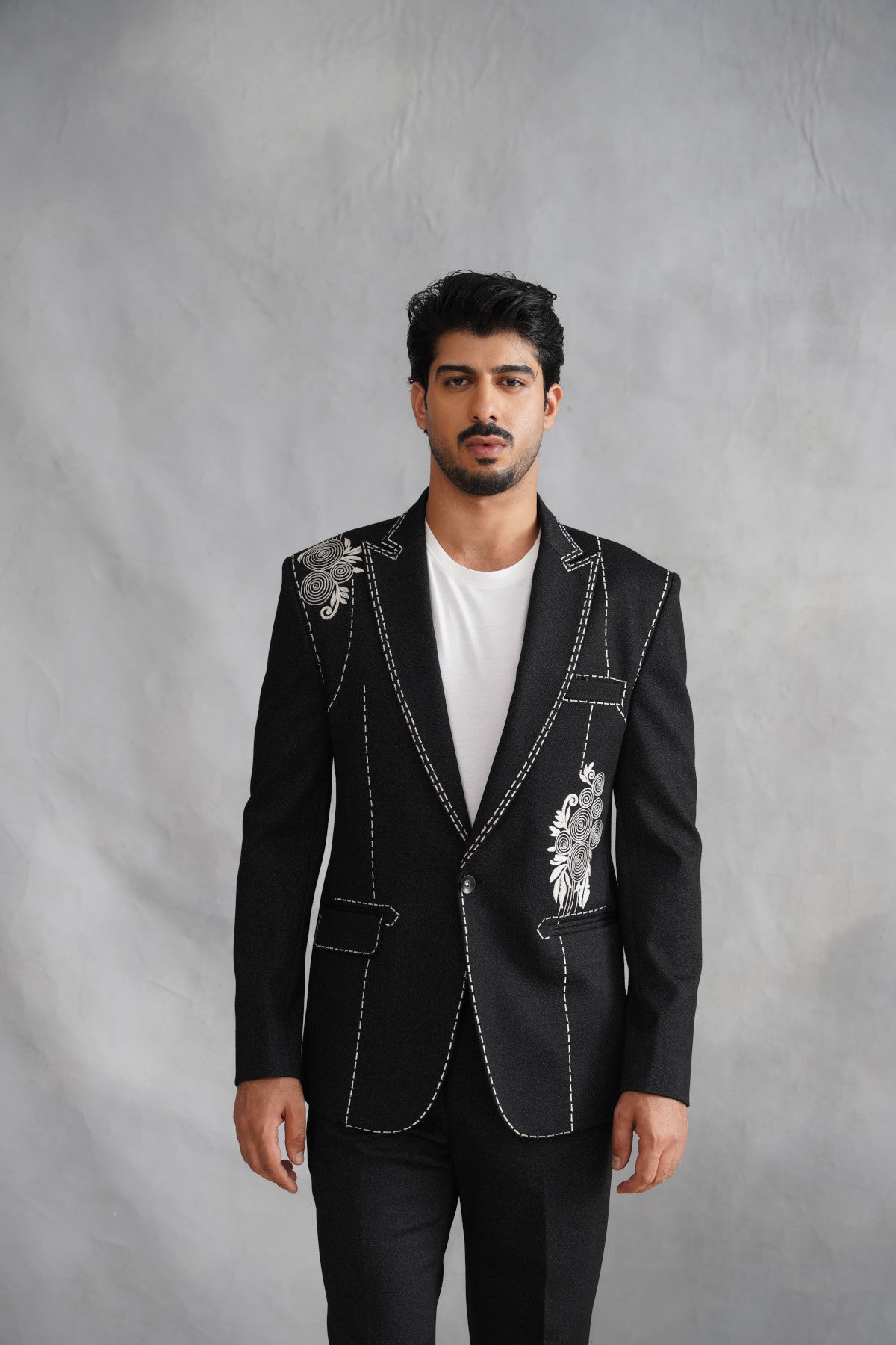 Black Designer Suit with White Contrast Stitching & Floral Rosette Embroidery
