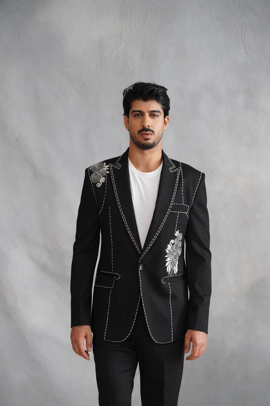 Black Designer Suit with White Contrast Stitching & Floral Rosette Embroidery