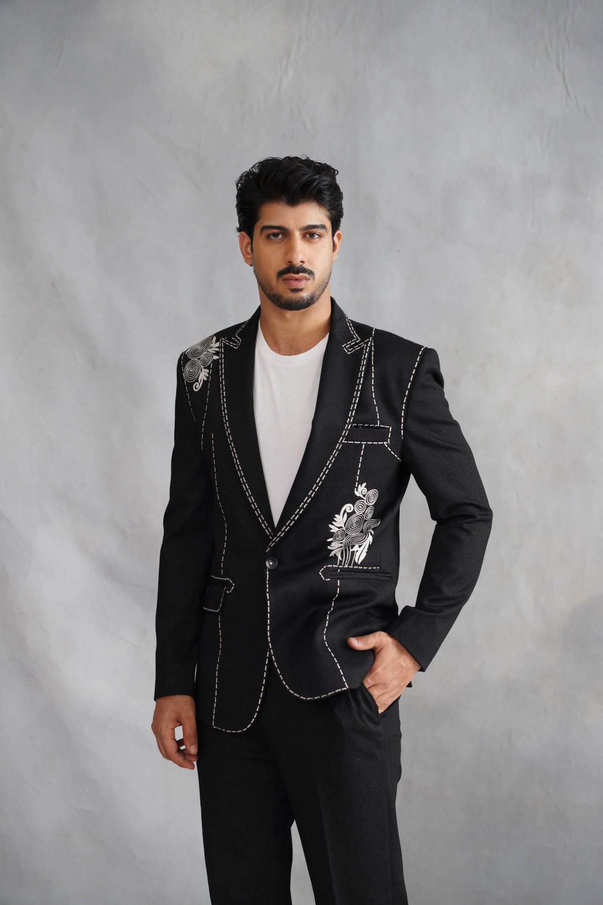 Black Designer Suit with White Contrast Stitching & Floral Rosette Embroidery