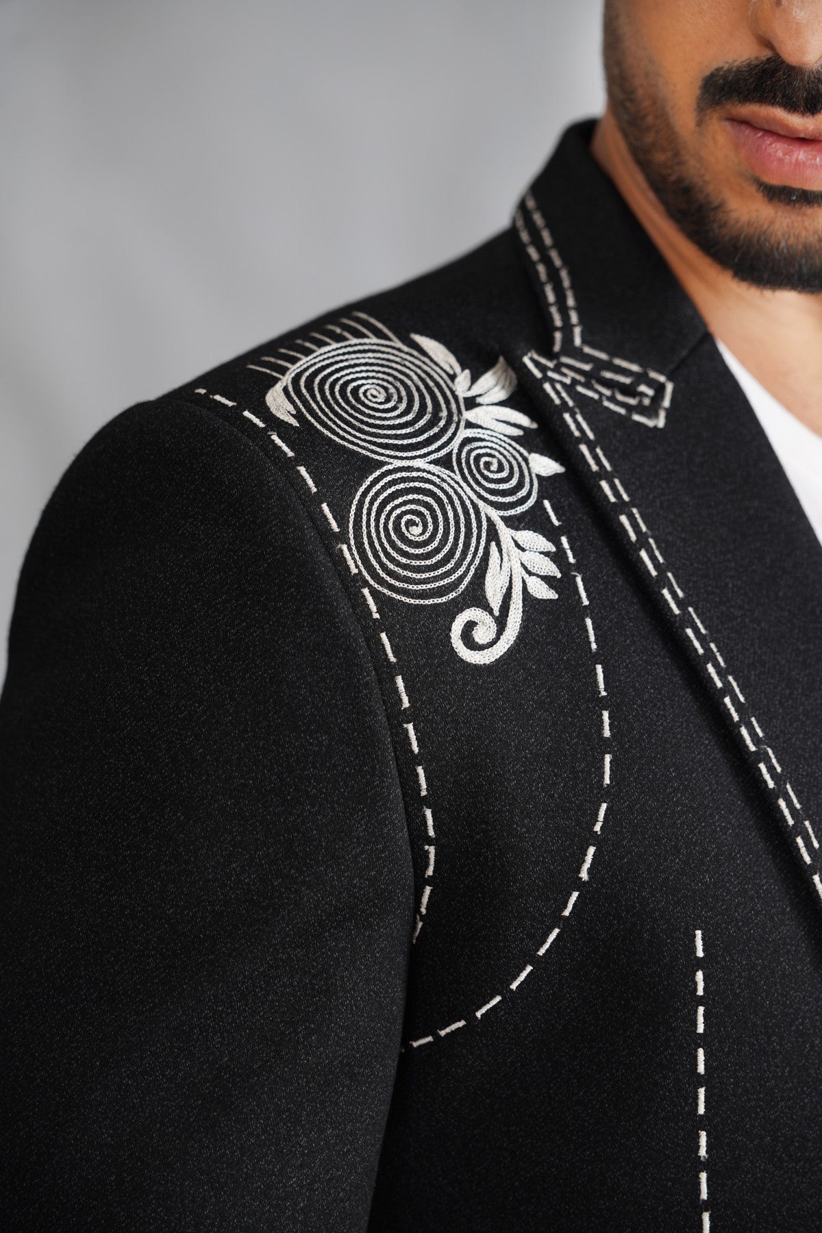 Black Designer Suit with White Contrast Stitching & Floral Rosette Embroidery