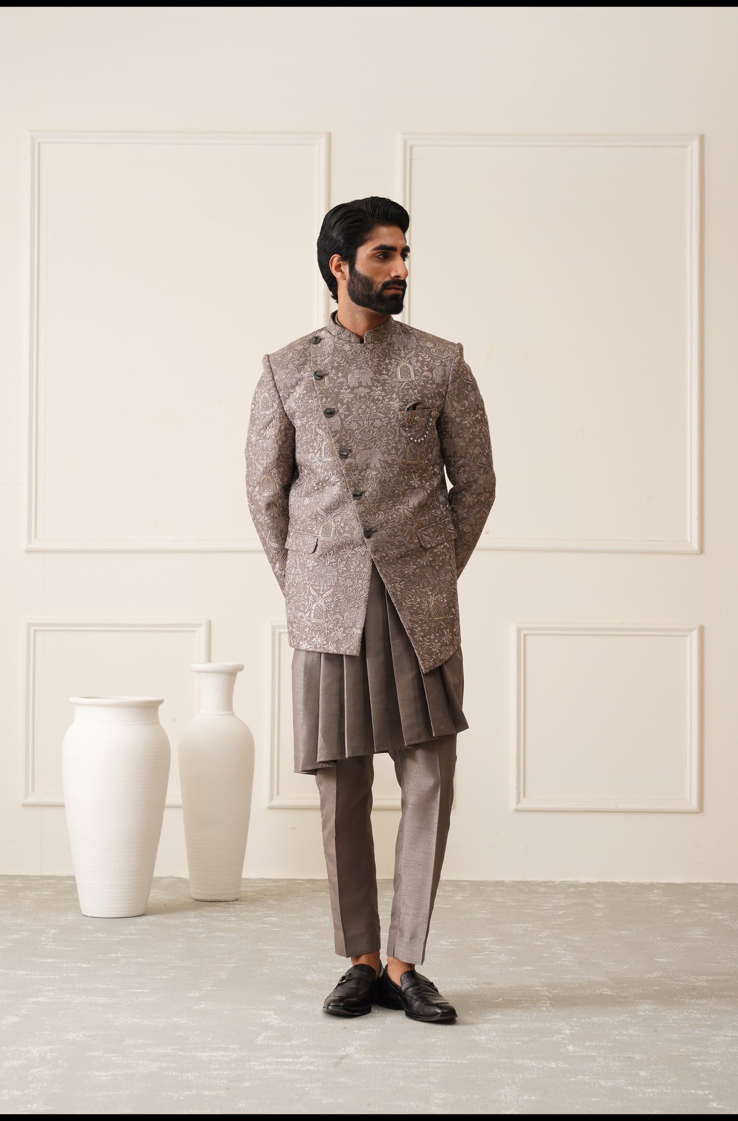 Dark Grey Resham And Sequins Embroidered Bandhgala With Kurta