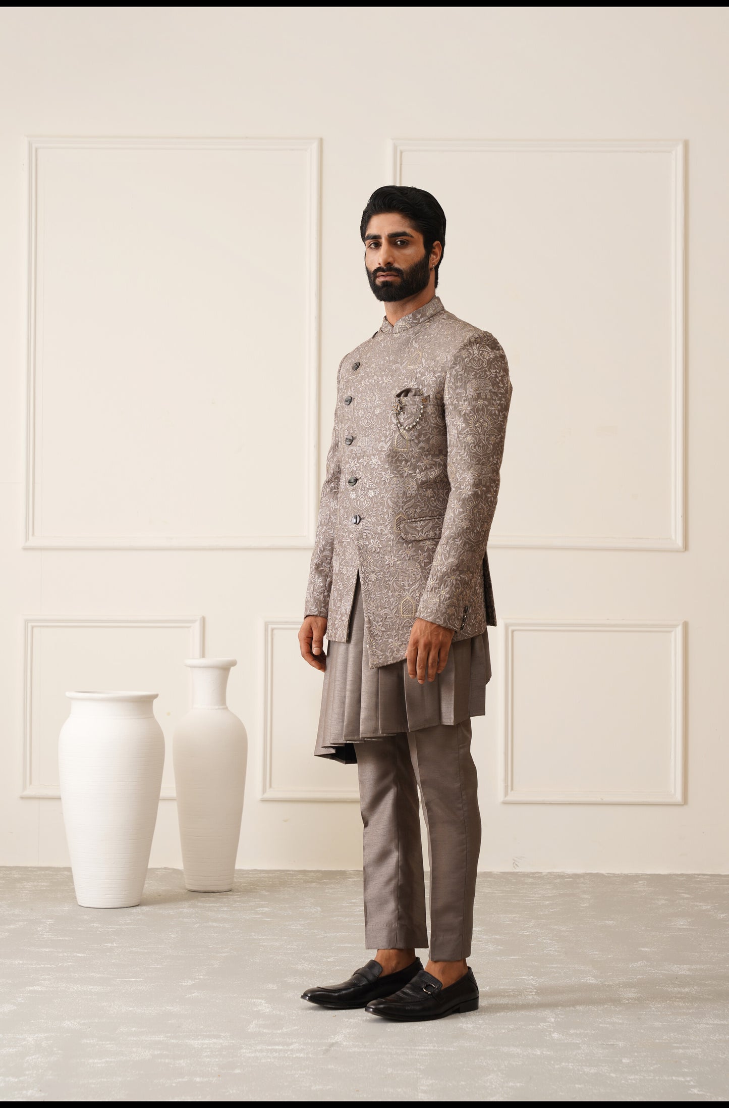 Dark Grey Resham And Sequins Embroidered Bandhgala With Kurta