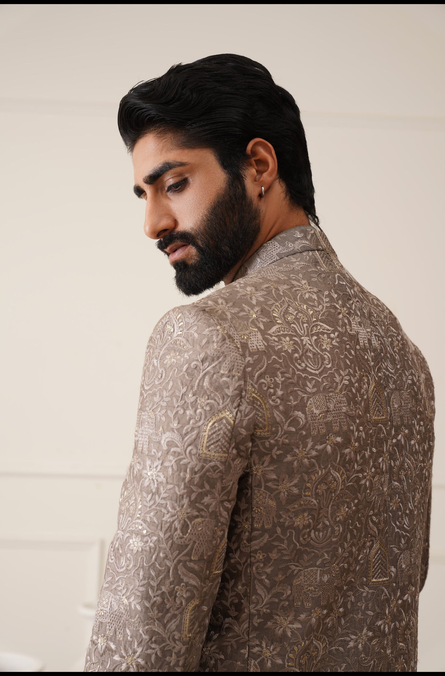 Dark Grey Resham And Sequins Embroidered Bandhgala With Kurta