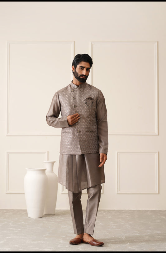 Dark Grey Resham And Sequins Embroidered Waistcoat Kurta Set