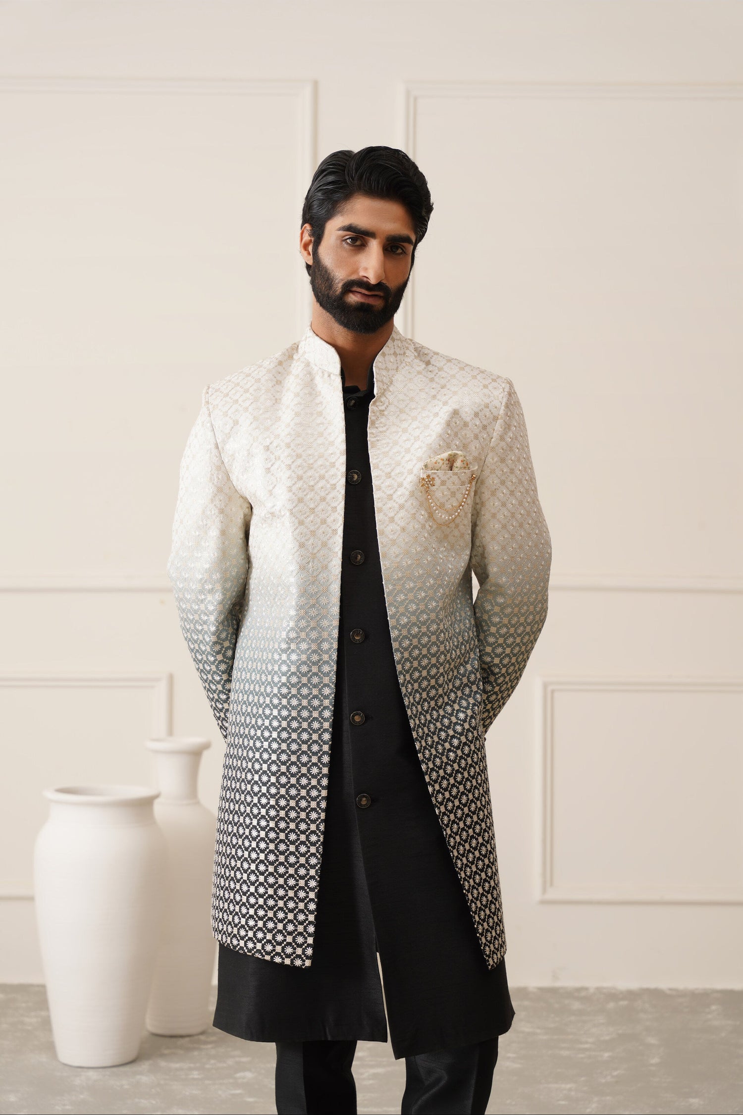 Buy white black ombre kurta jacket indowestern