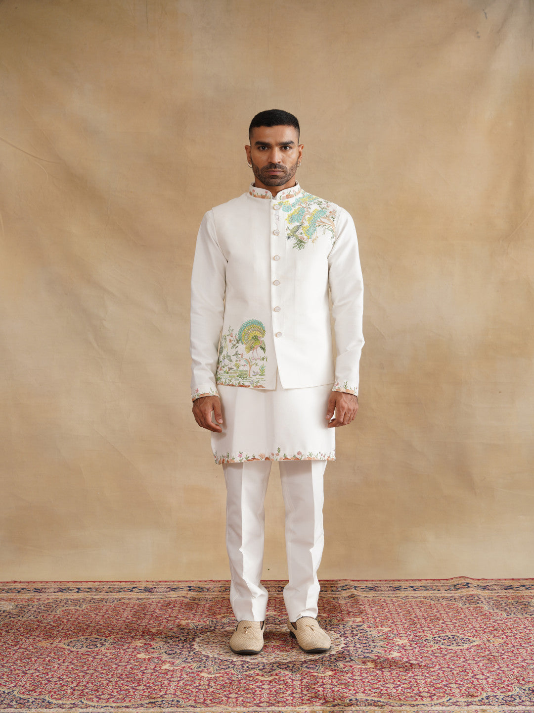 White Hand Painted with Hand Work Waist Coat Kurta Set on silk
