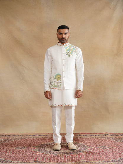White Hand Painted with Hand Work Waist Coat Kurta Set on silk