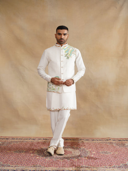 White Hand Painted with Hand Work Waist Coat Kurta Set on silk