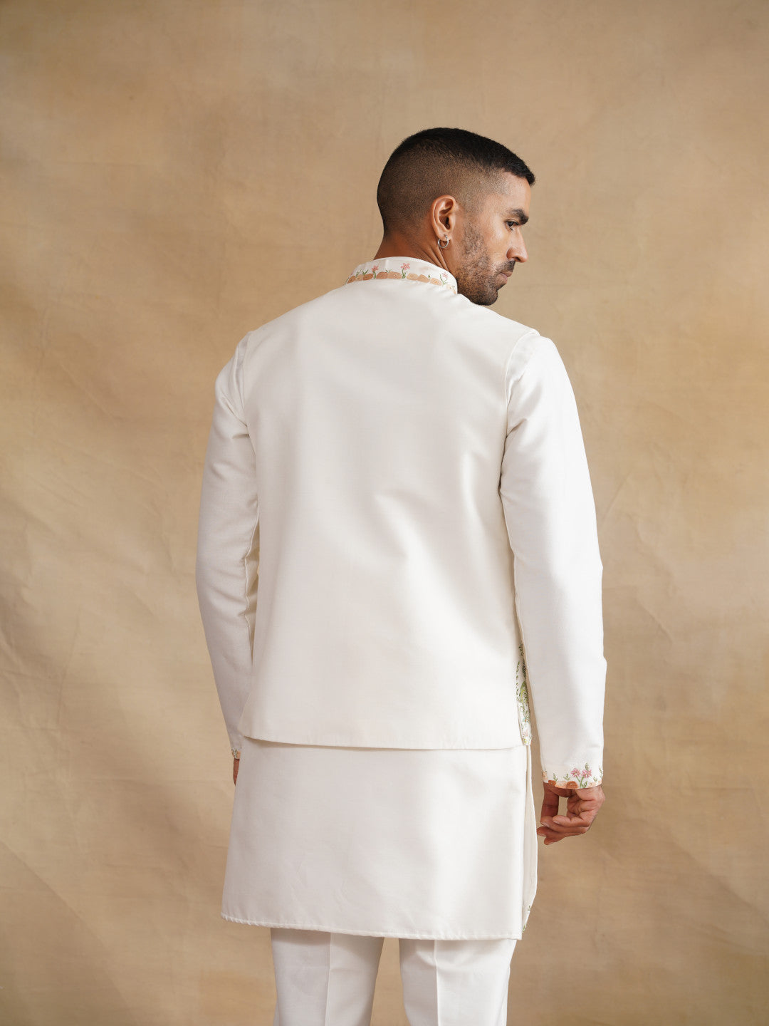 White Hand Painted with Hand Work Waist Coat Kurta Set on silk