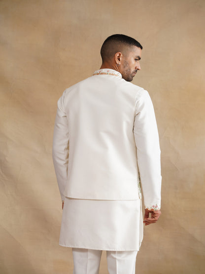 White Hand Painted with Hand Work Waist Coat Kurta Set on silk