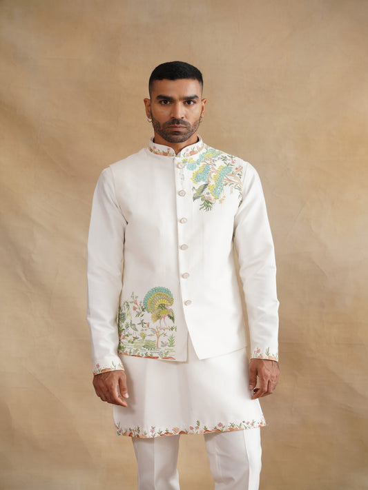 White Hand Painted with Hand Work Waist Coat Kurta Set on silk