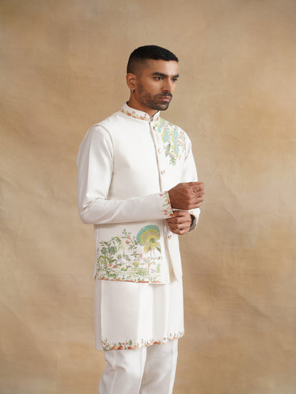 White Hand Painted with Hand Work Waist Coat Kurta Set on silk