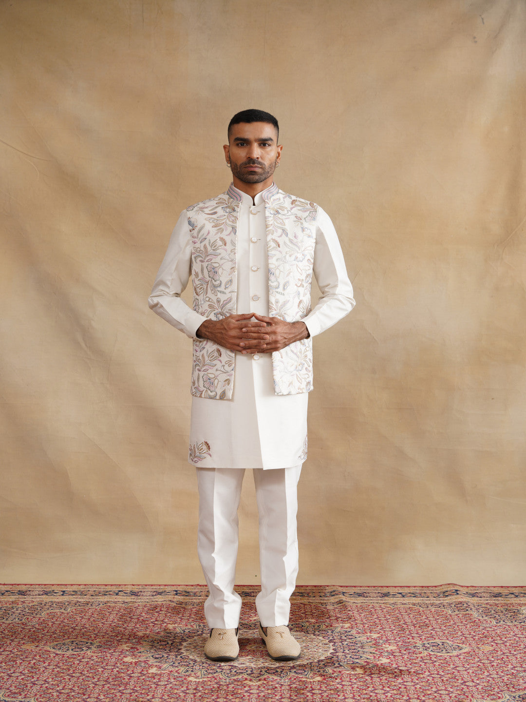White Thread Embroidered Waist Coat Kurta Set on silk