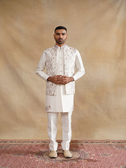 White Thread Embroidered Waist Coat Kurta Set on silk