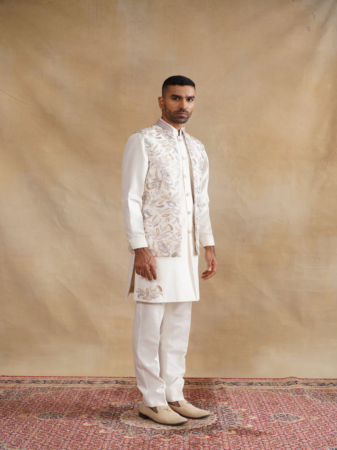 White Thread Embroidered Waist Coat Kurta Set on silk