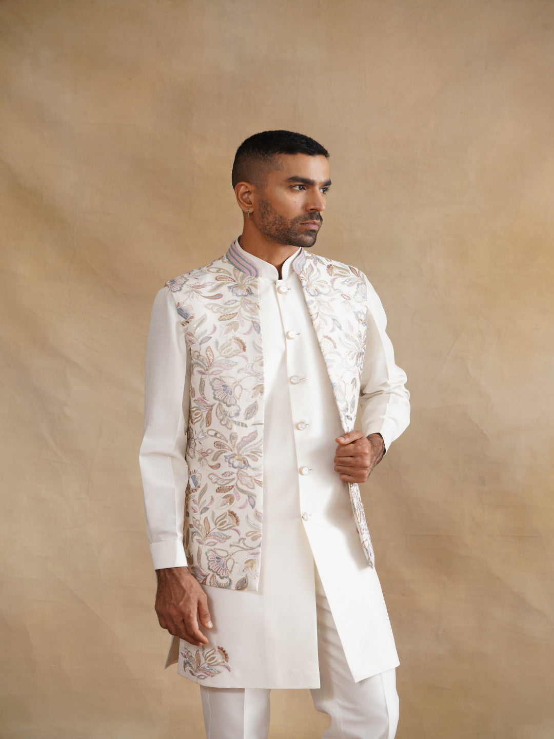 White Thread Embroidered Waist Coat Kurta Set on silk