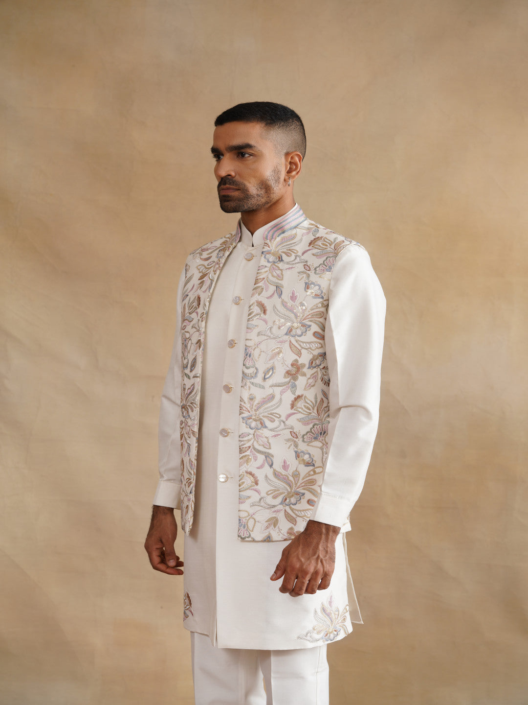 White Thread Embroidered Waist Coat Kurta Set on silk