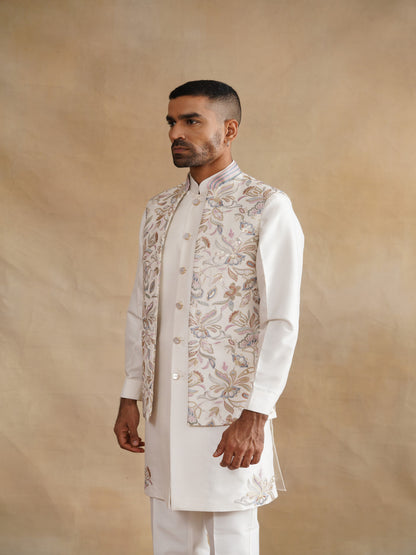 White Thread Embroidered Waist Coat Kurta Set on silk