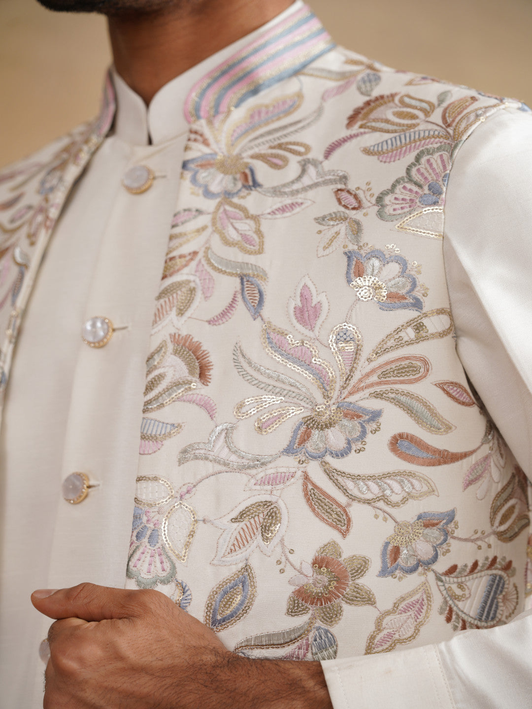 White Thread Embroidered Waist Coat Kurta Set on silk