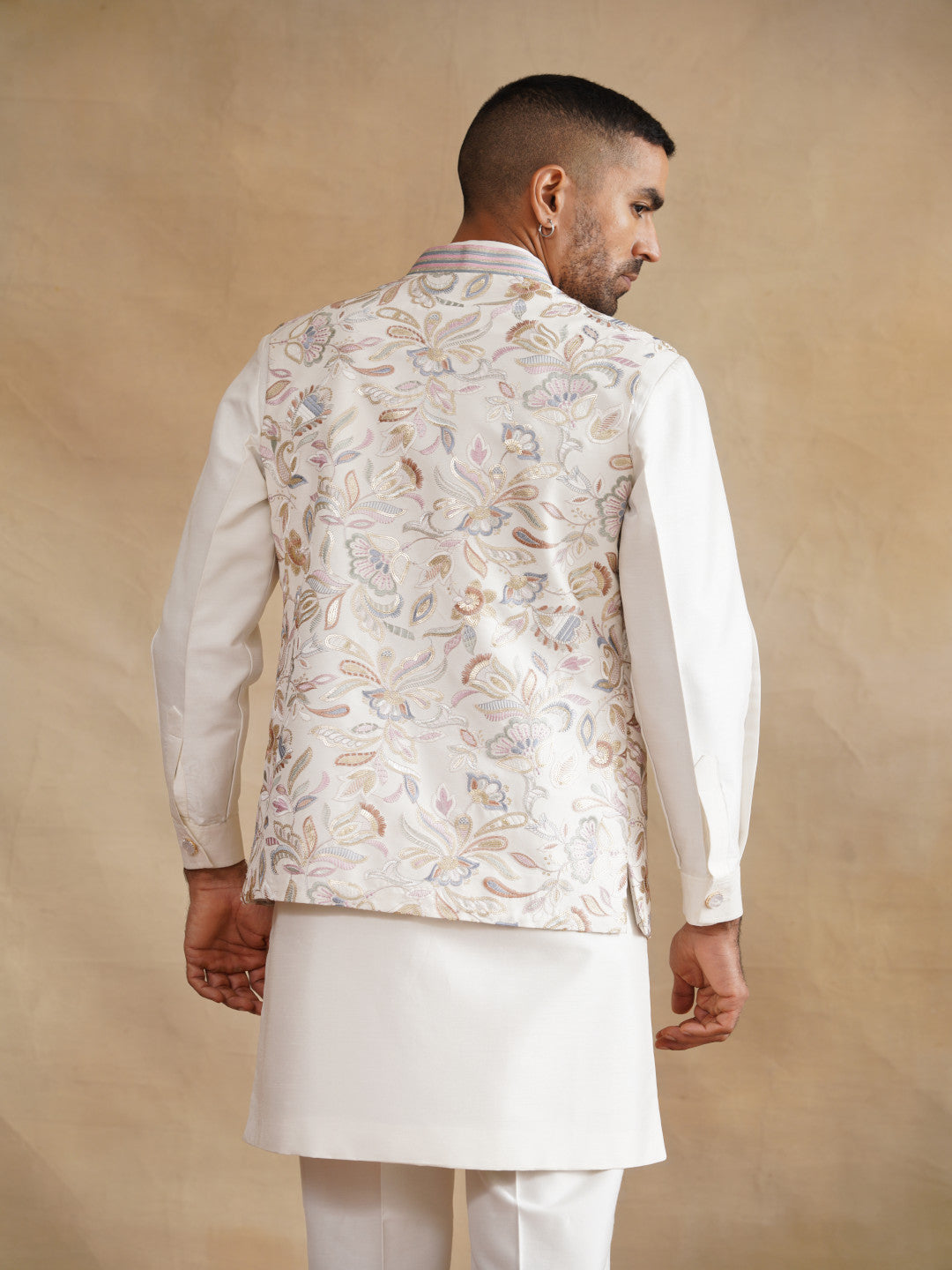 White Thread Embroidered Waist Coat Kurta Set on silk
