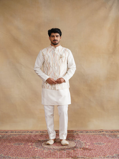 White Thread Embroidered Waist Coat Kurta Set on silk