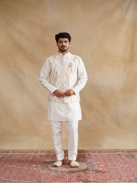 White Thread Embroidered Waist Coat Kurta Set on silk
