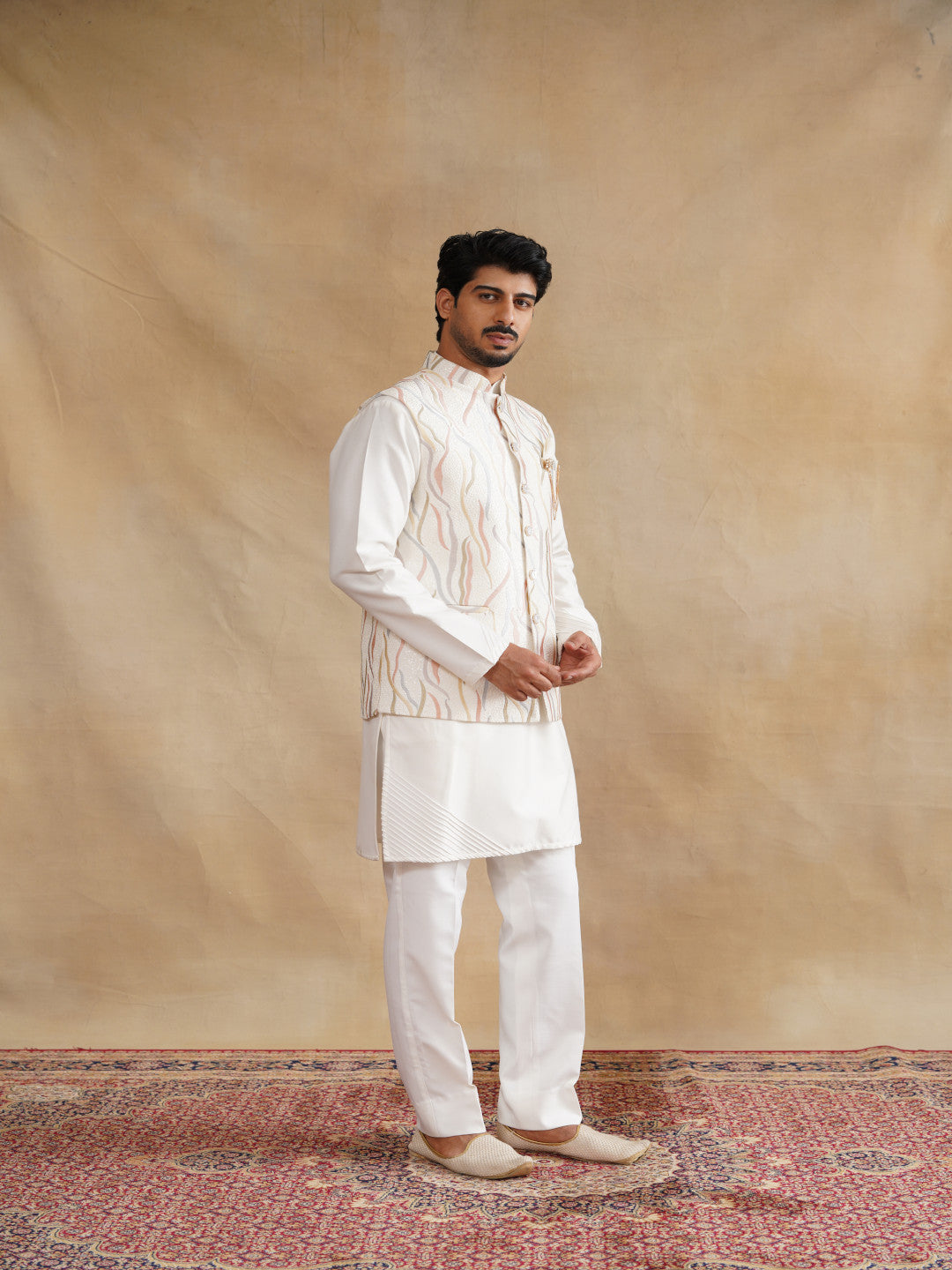 White Thread Embroidered Waist Coat Kurta Set on silk