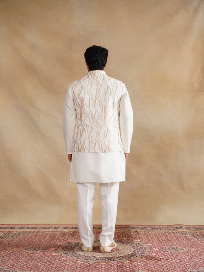 White Thread Embroidered Waist Coat Kurta Set on silk