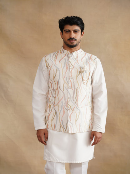 White Thread Embroidered Waist Coat Kurta Set on silk