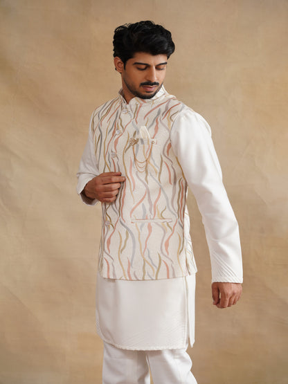 White Thread Embroidered Waist Coat Kurta Set on silk