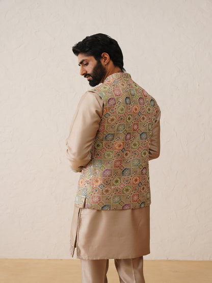 Rose gold kurta set embroidery silk buy online