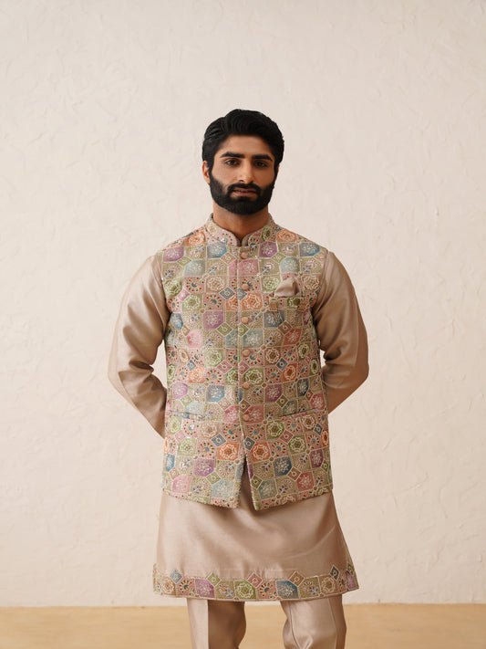 Rose Gold Thread Embroidered Waistcoat Kurta Set