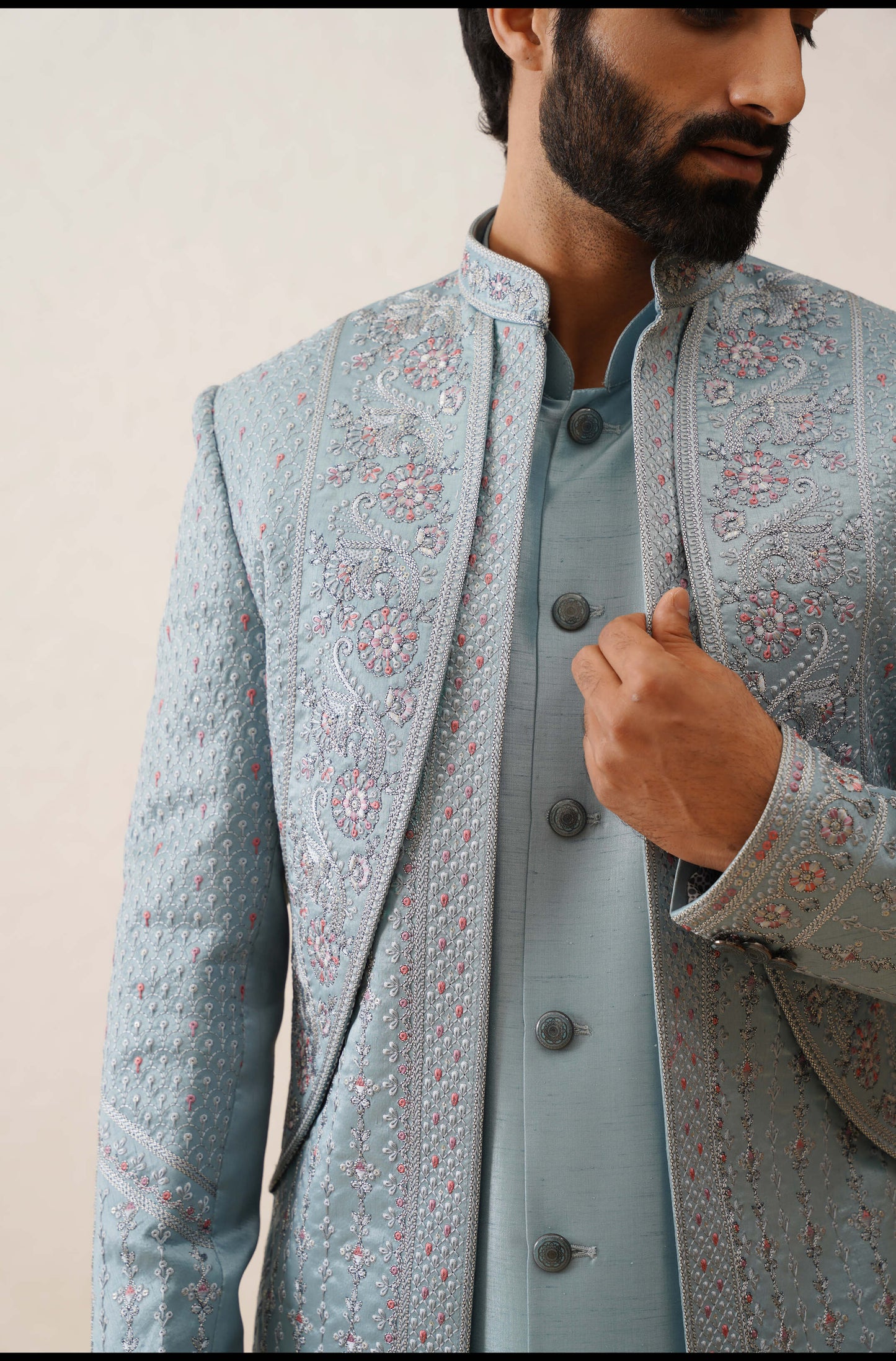 Blue Thread And Sequins Embroidered Layered Indowestern