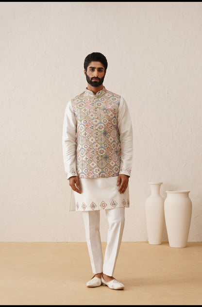 Multicolor Thread Embroidered Waistcoat Kurta Set