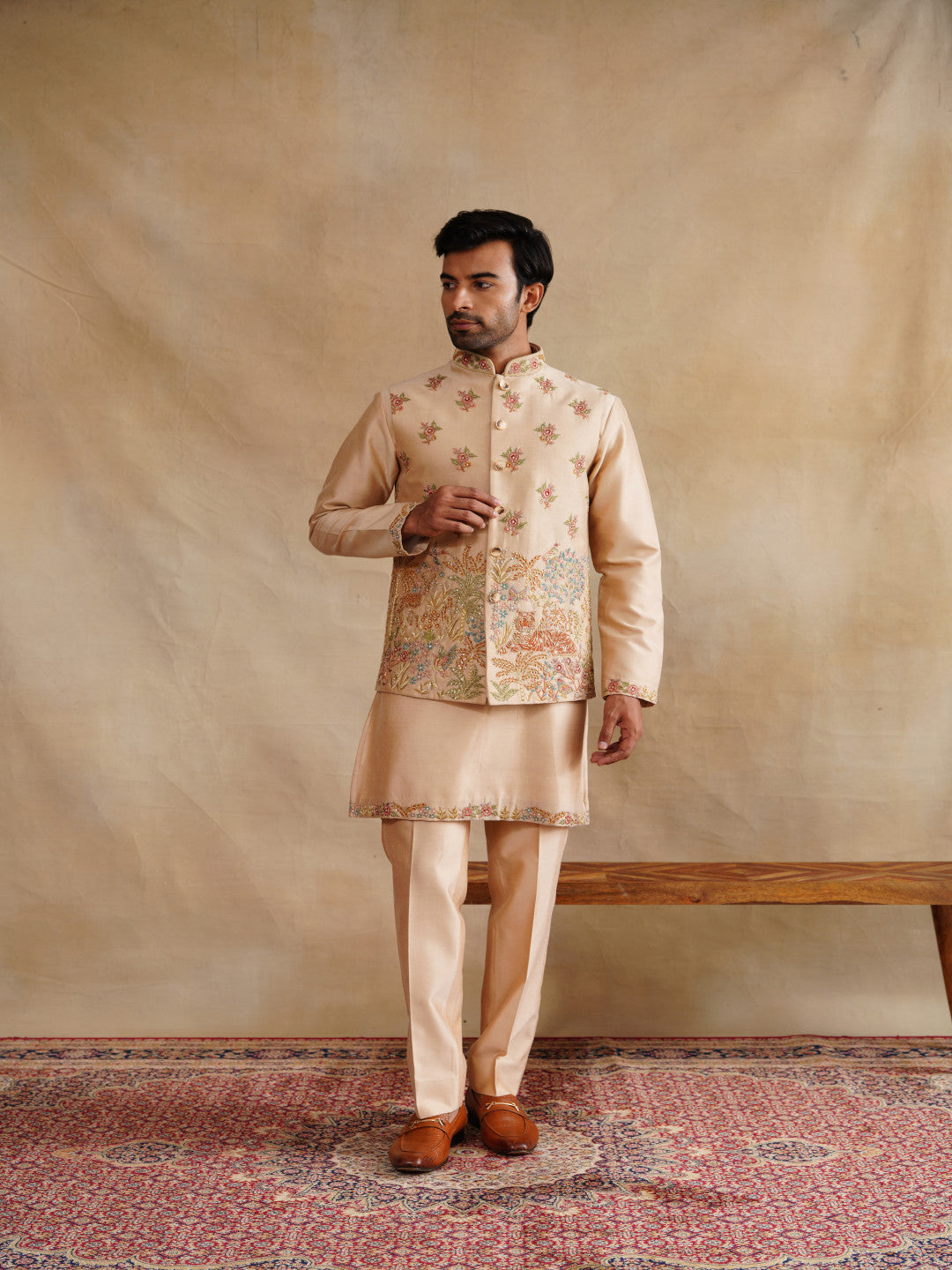 Beige Zardozi and Thread Embroidered Waist Coat Kurta Set on Silk