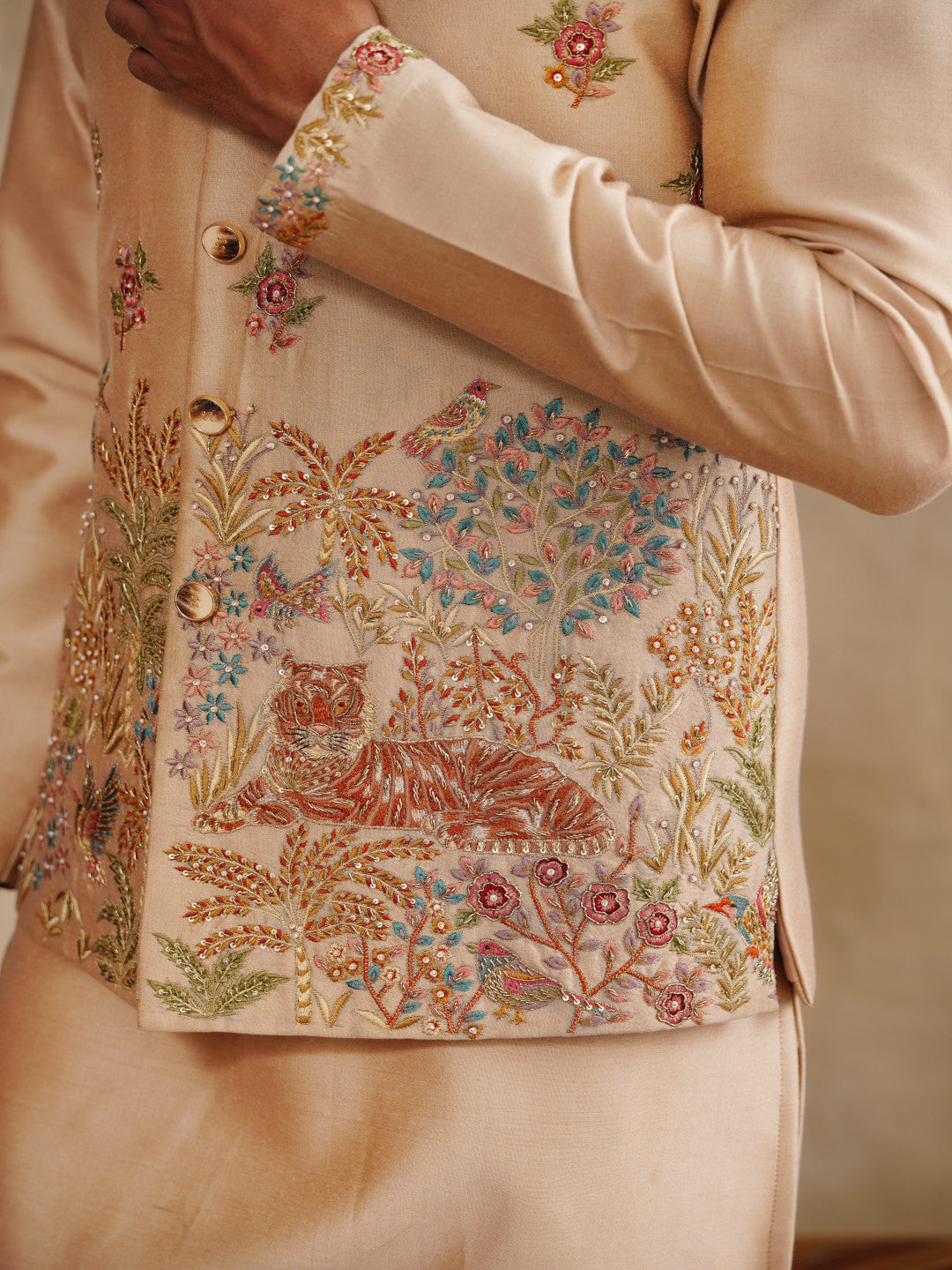 Beige Zardozi and Thread Embroidered Waist Coat Kurta Set on Silk