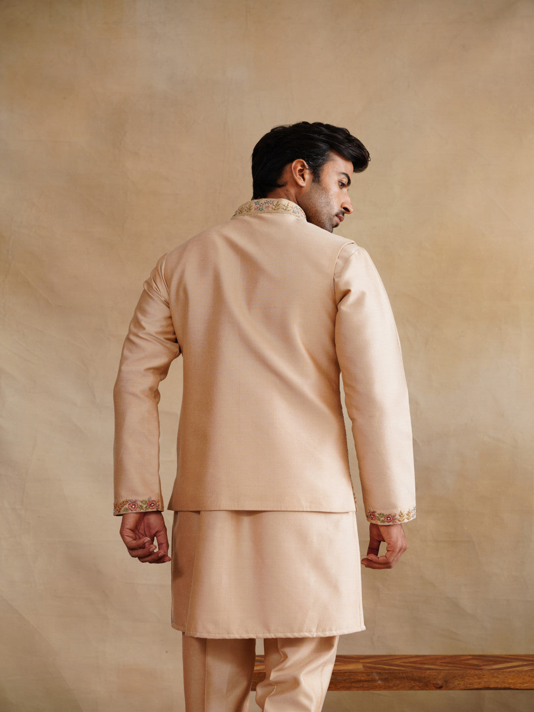 Beige Zardozi and Thread Embroidered Waist Coat Kurta Set on Silk